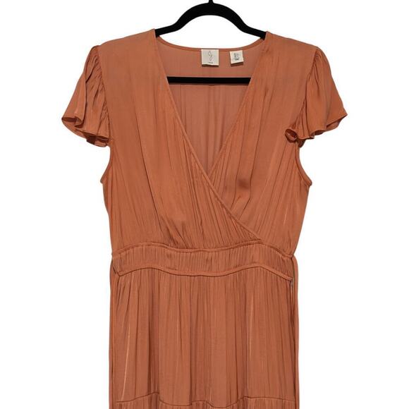 Joie Flutter Sleeves Mock Wrap Tiered Skirt Shirred Waist Belted Maxi Dress (L) - Picture 5 of 16